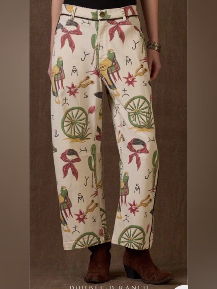 Nwt Sz 16 Double D Ranch 'Atomic Ranch' Barrel Pants Off White Green Red Stretch